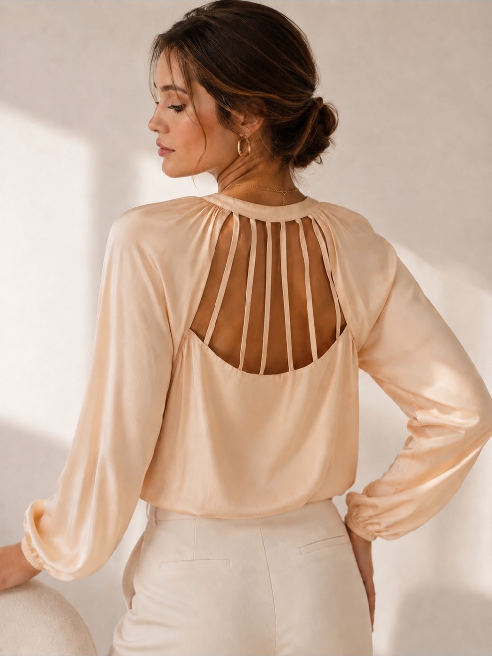 100% Silk Champagne Blush Open Back Tie Neck Blouse Made in NYC Size M